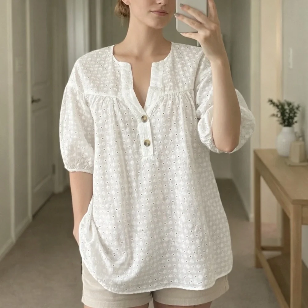 ZARA Blouse Small White Eyelet Cotton Puff Sleeve Embroidered Top Boho wb